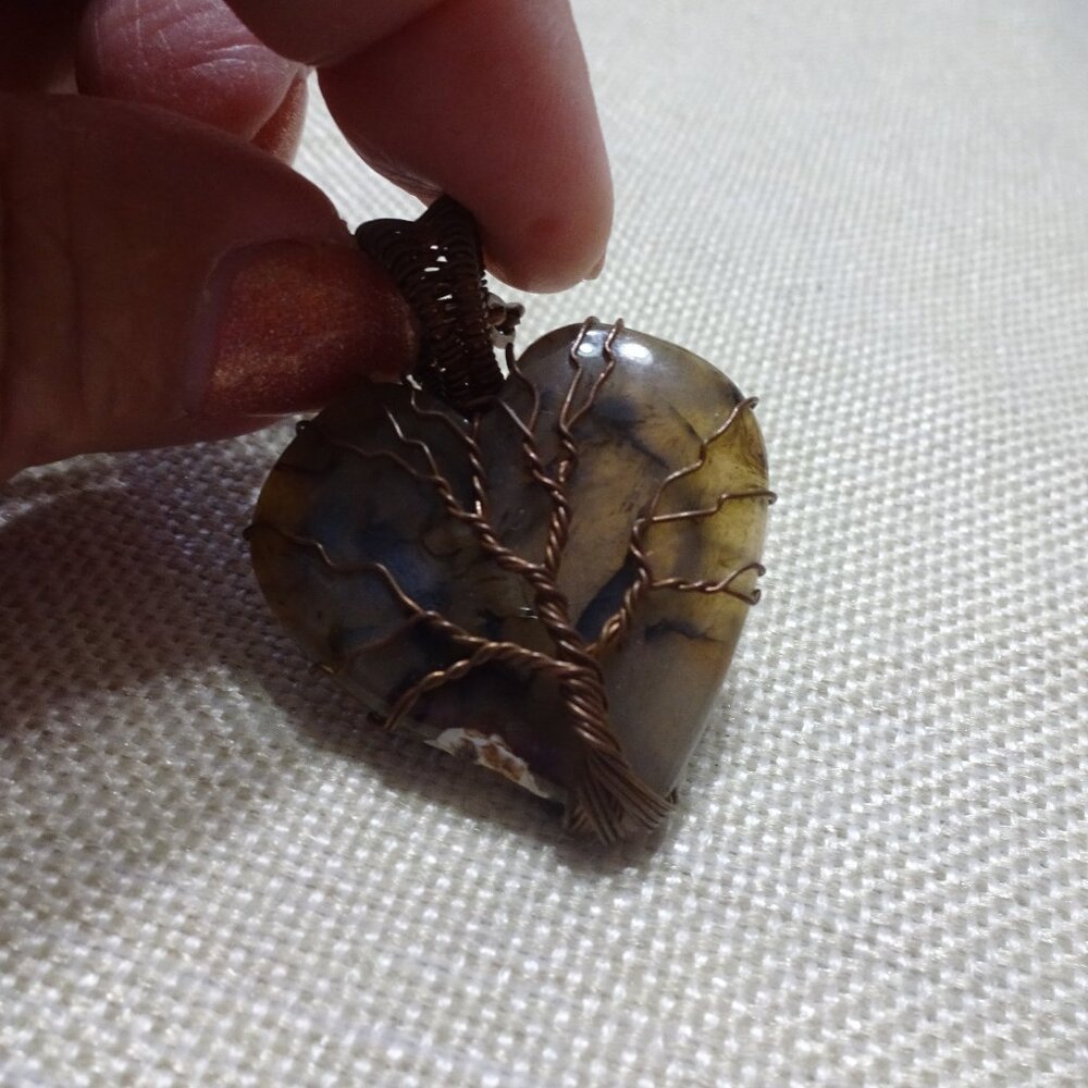 Natural MONTANA AGATE Handmade COPPER WIRE-WRAPPED HEART Pendant/Chain #424C